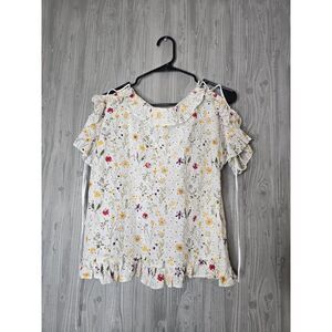 Solitaire Floral Eyelet Ruffle Top White Multicolor Women’s L Boho Cottagecore